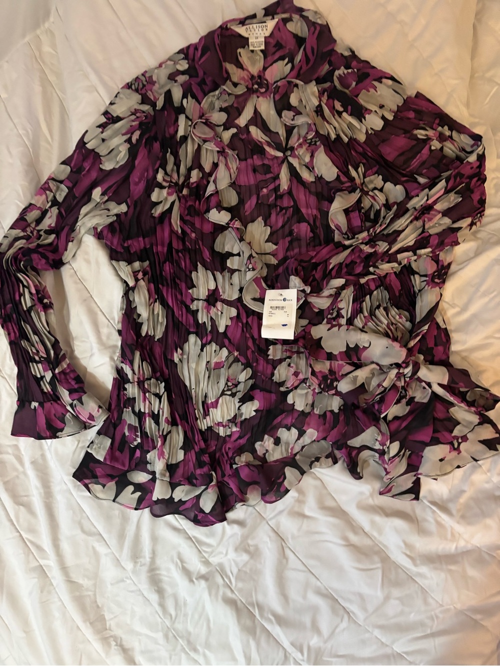 Allison Taylor Purple and Cream Floral Pleated Ruffle Blouse